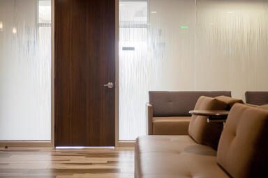 Partition wall shown in ViviGraphix Gradiance glass with Switchgrass interlayer 