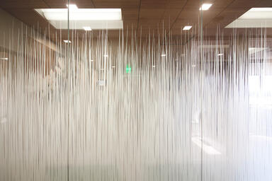 Partition wall shown in ViviGraphix Gradiance glass with Switchgrass interlayer 