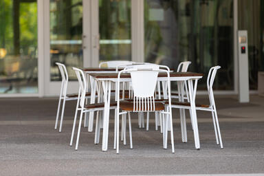 Factor Tables &amp; Chairs: White Texture powdercoat, FSC&reg; 100% Cumaru.