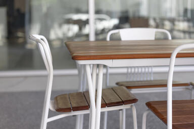 Factor Table &amp; Chairs: White Texture powdercoat, FSC&reg; 100% Cumaru.