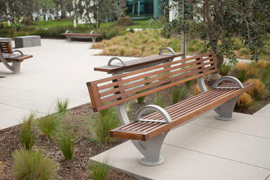 Pacifica Benches shown in 8 foot, backed and backless, Irvine, California