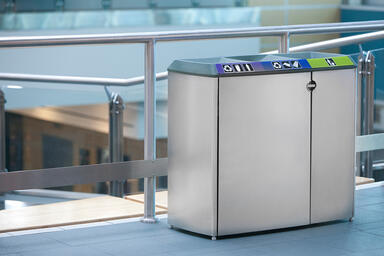 Transit Litter &amp; Recycling Receptacle shown with Sandstone Stainless Steel
