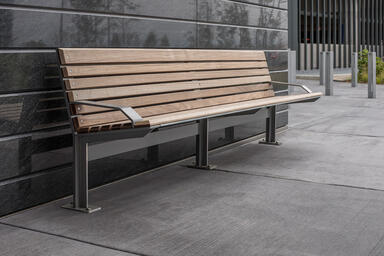 Knight Bench shown in 8 foot, backed configuration with Silver Texture