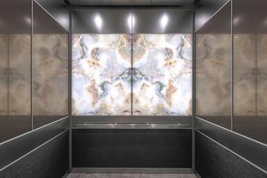 LEVELe-106 Elevator Interior with LightPlane Panels in ViviStone Opal Onyx glass