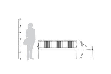 Cordia Bench, 6 foot, backed, wood slats, shown to scale
