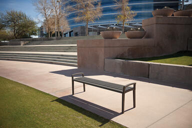 Cordia Bench shown in 6 foot, backless configuration with aluminum slats