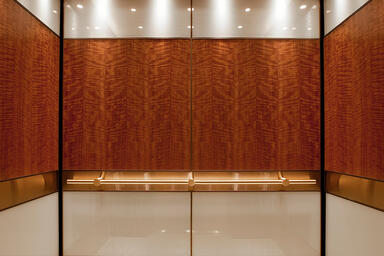 LEVELe-106 Elevator Interior with main panels in custom wood veneer