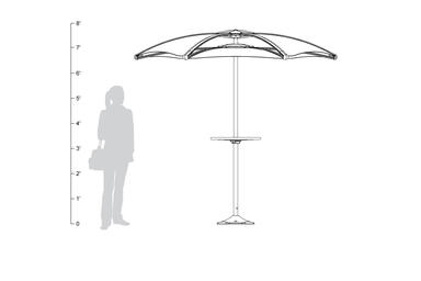 Soleris Sunshade, standalone with tabletop, shown to scale
